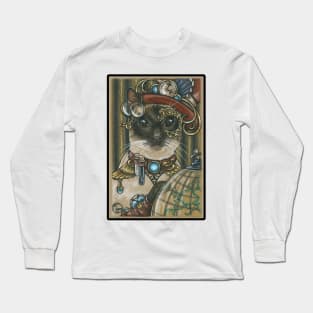 Steampunk Cat Traveler - Siamese Cat - Black Outlined Version Long Sleeve T-Shirt